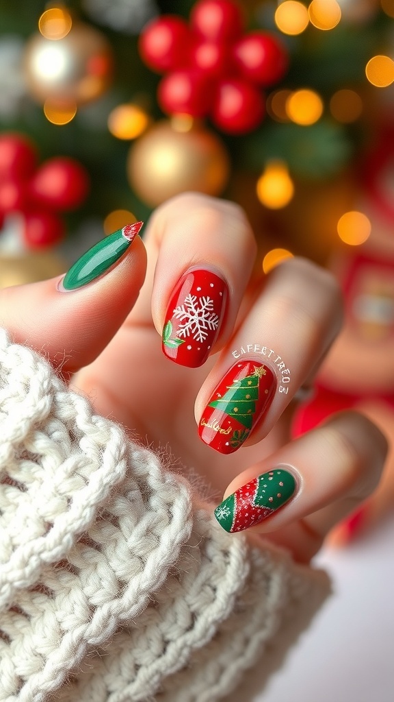Festive Korean Christmas nail art with red and green colors, snowflakes, and Christmas tree designs.